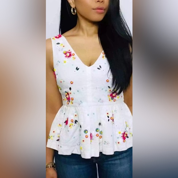 J. Crew White Top Floral Embellishments Sleeveless Linen/Cotton Peplum Waist 12 - Picture 1 of 9